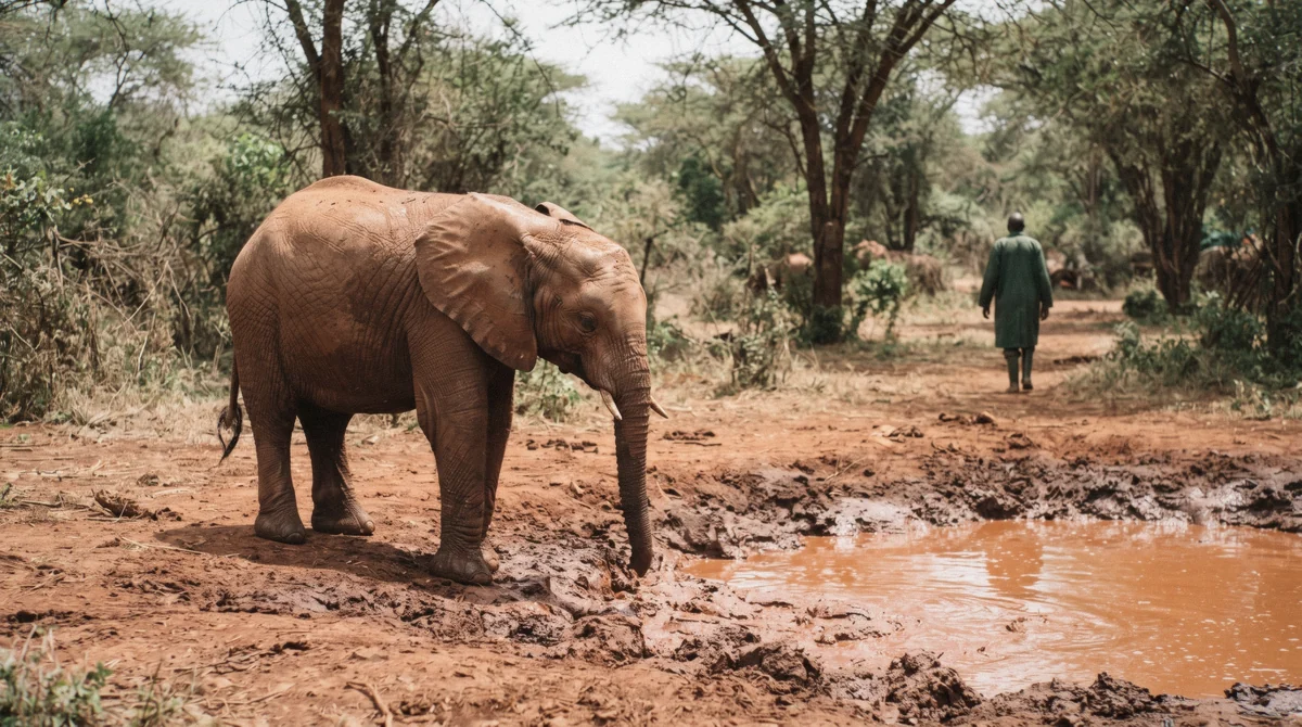 A baby elephant at the mud wallow of the Nairobi elephant orphanage, a keeper in a green coat in the background