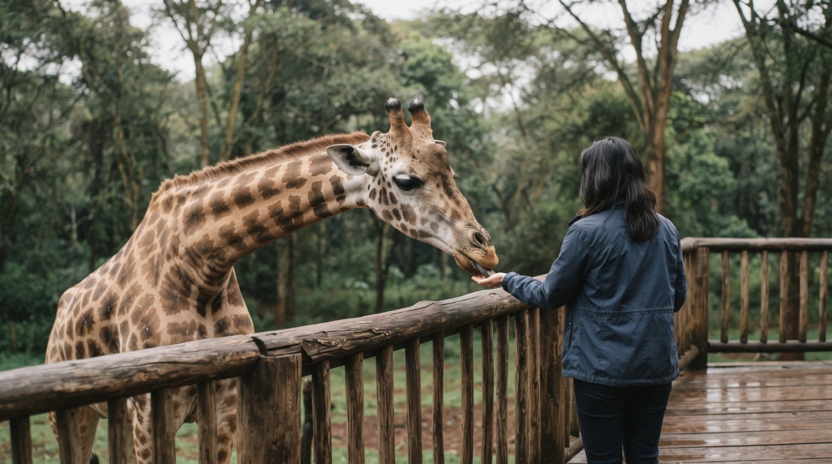 Tourist hand-feeding a Rothschild giraffe at the Giraffe Centre, included in the Nairobi attraction entrance fee