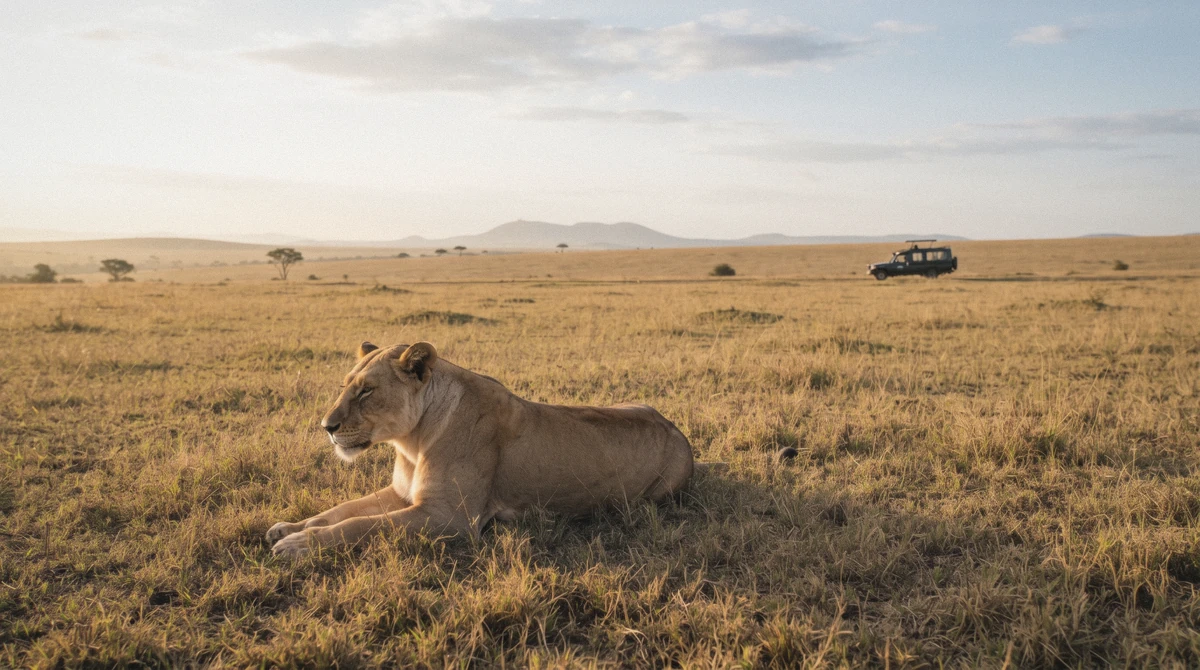 A lioness resting in golden grass during a morning game drive in Nairobi National Park, a safari vehicle far on the horizon