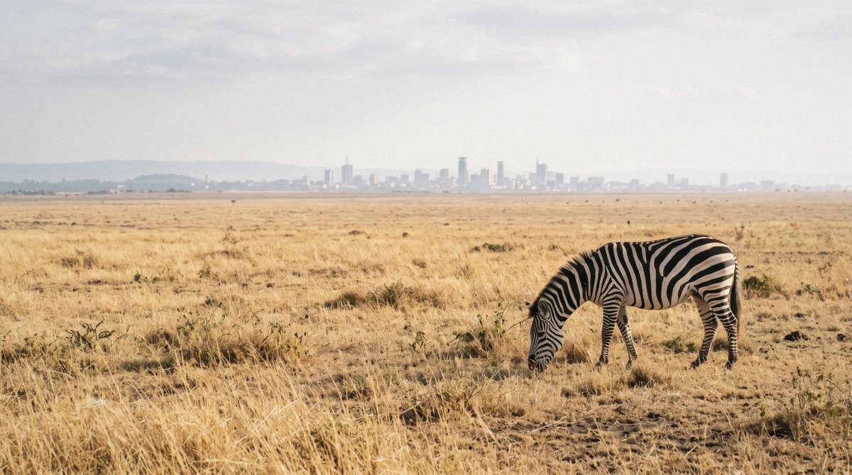 A zebra grazing in Nairobi National Park with the Nairobi city skyline hazy on the horizon